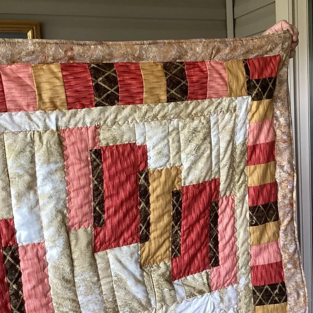 NWT. Hand Crafted Quilt in Pumpkin, Apricot, Browns and Golds